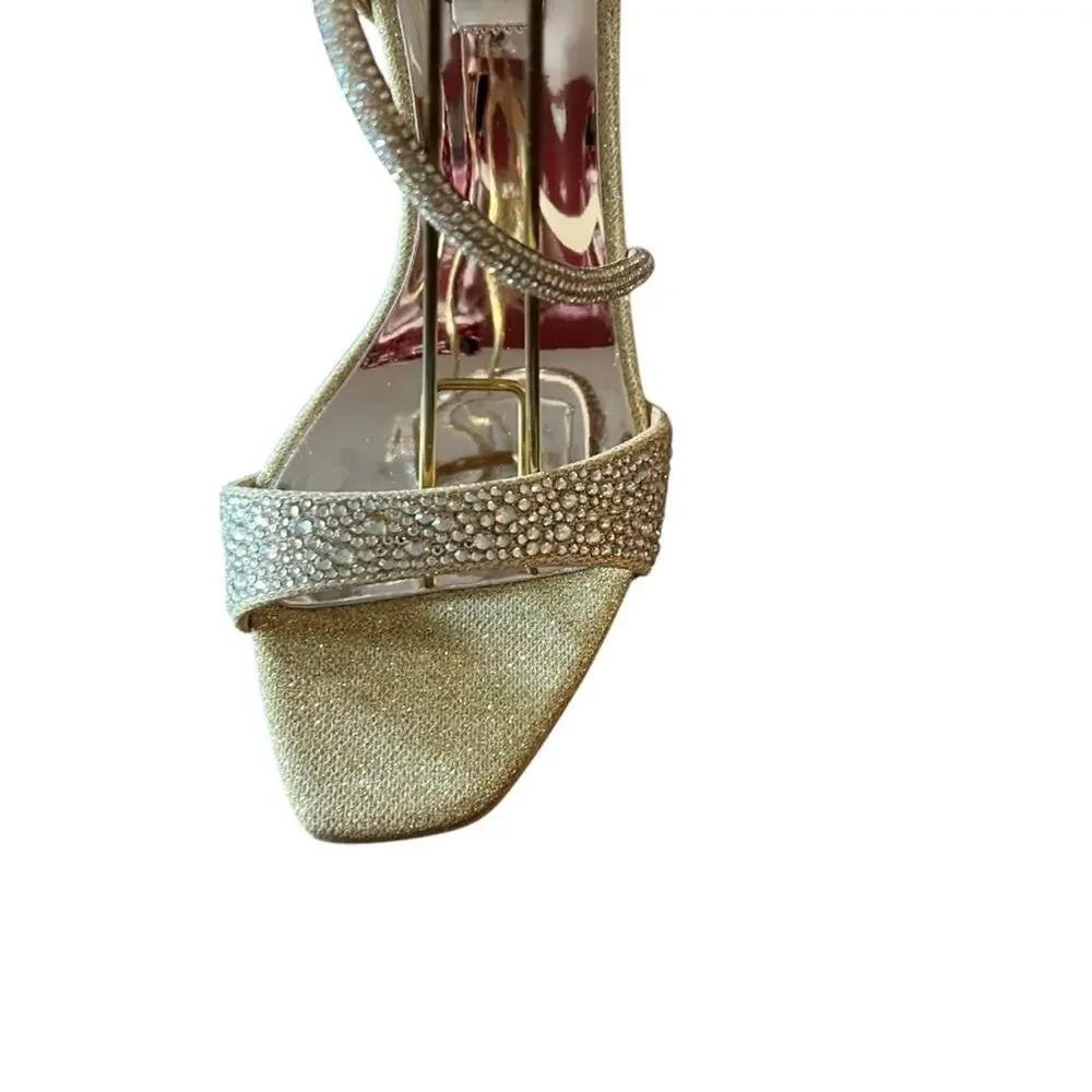 Badgley Mischka Sally Curvy Heel Stiletto Sandal Gemstone Plantino Gold NEW 10